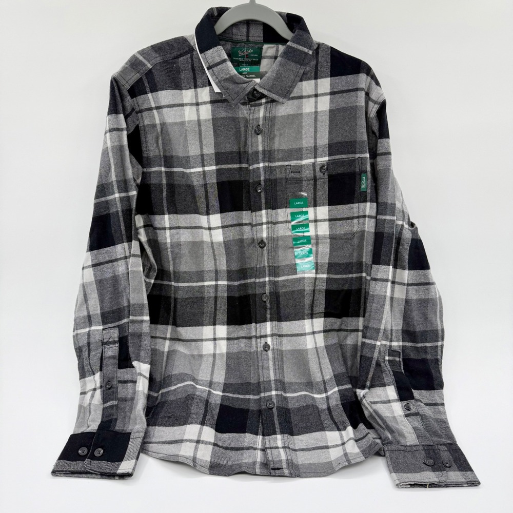 Woolrich Mens Granite Plaid Flannel Button Down Shirt Grey Black White Large NEW